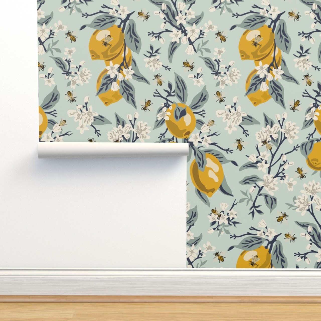 Mint Botanical Farmhouse Citrus Country Floral Rustic Modern Jumbo Scale Custom Pre-pasted Wallpaper by Spoonflower Pre-Pasted Wallpaper 2FT Wide
